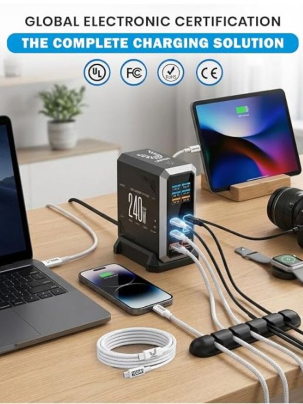 240W GaN USB Charging Station for Multiple Devices, 6-Port Fast USB Charger